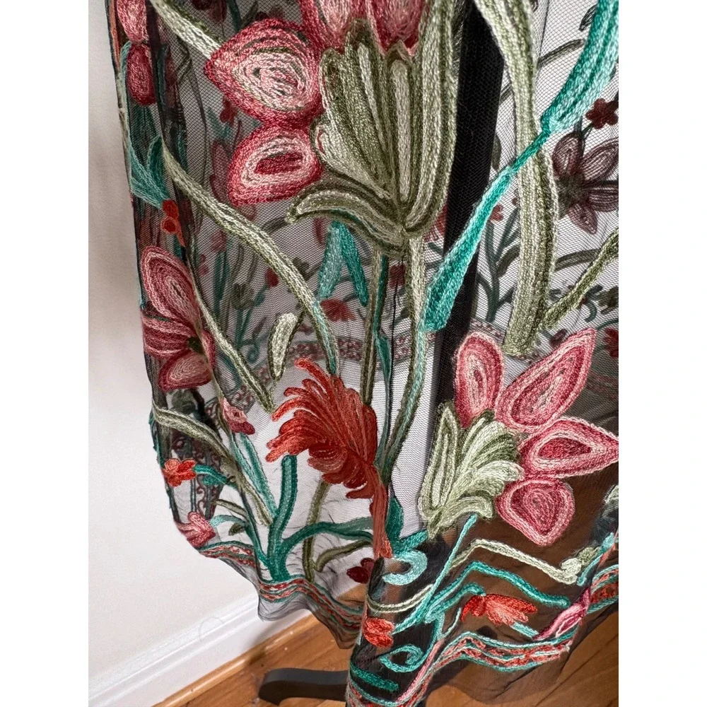 Floral‎ Embroidered Sheer Mesh Overlay Dress Black Long Sleeve Boho Mid Length